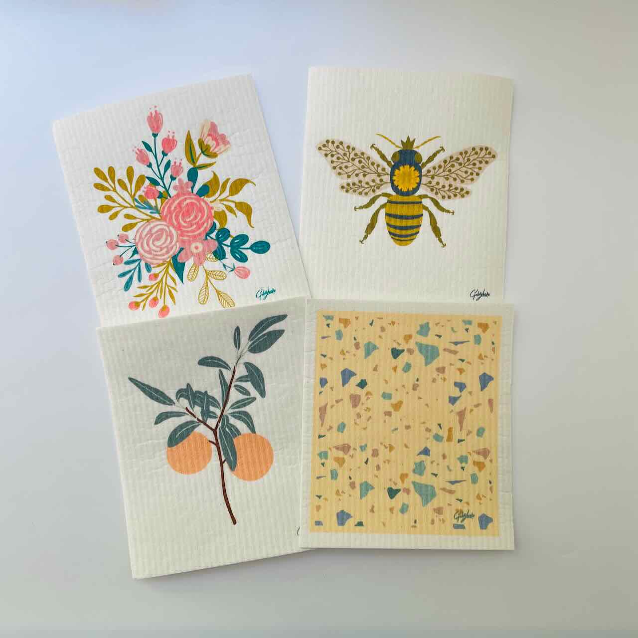 Bees & Bugs on Grey Swedish Dishcloth