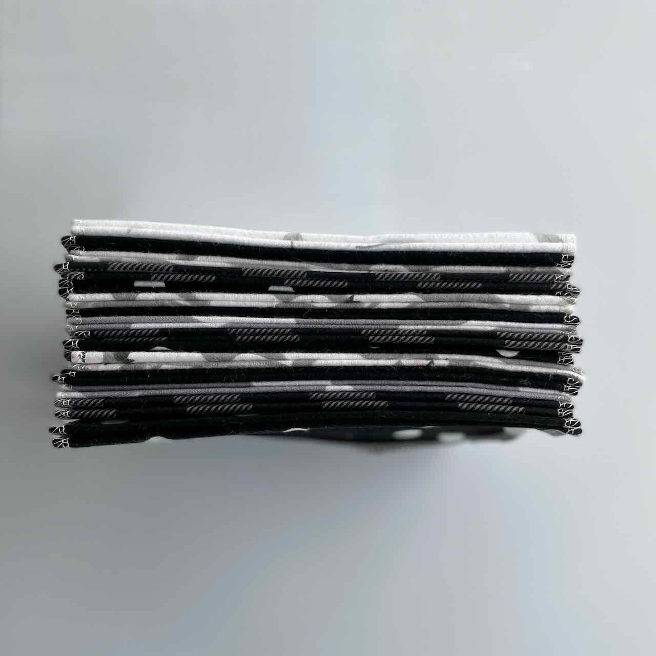 Monochrome patterned cheeks ahoy cloth wipes, set of 30, without packaging, in a white background drop.