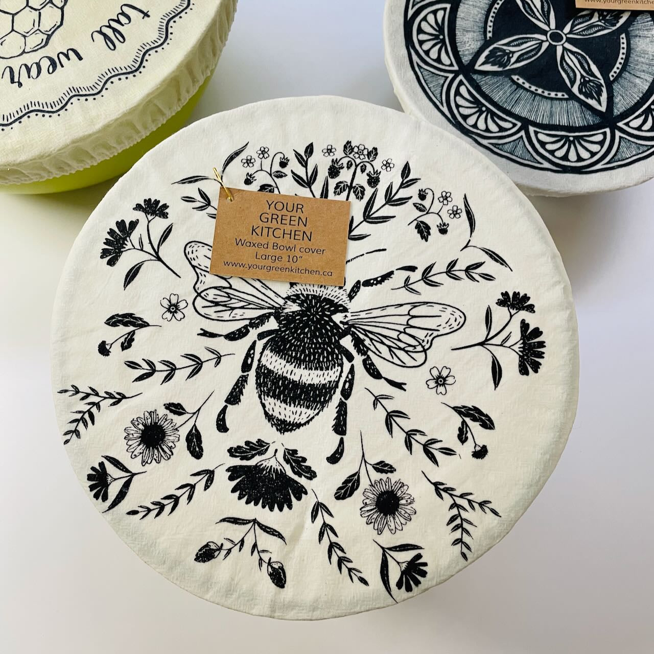 Waxed Reusable Fabric Bowl Cover: Charcoal Bee - Large 10"