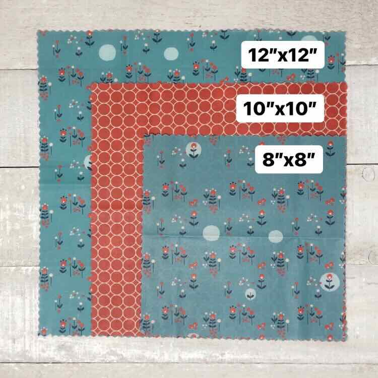 beeswax wrap sets dimension for each size: small, medium and large