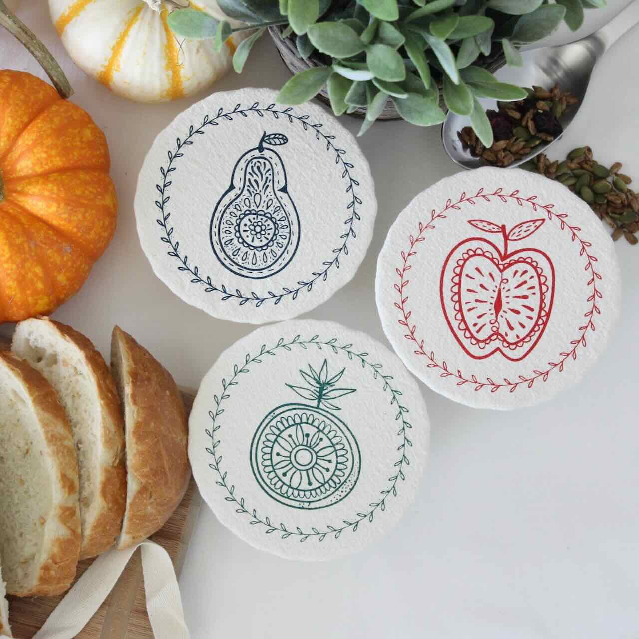 Reusable Fabric Bowl Cover set of 3: Fruit - Mini 5" - Unwaxed