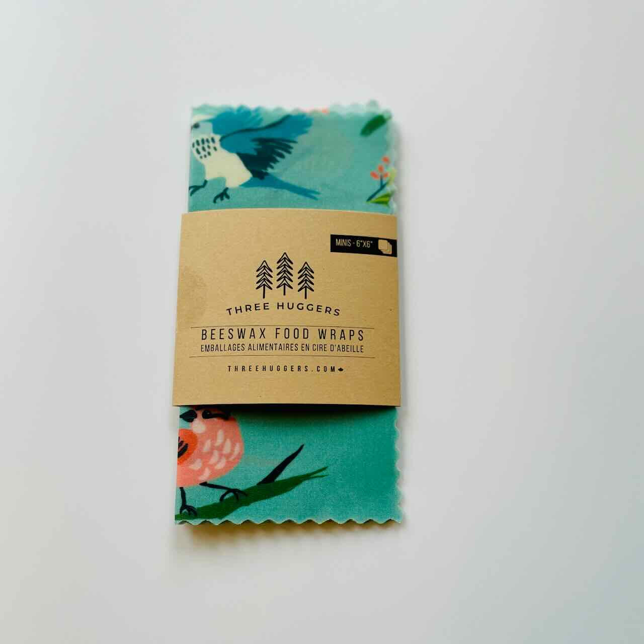 mini beeswax wraps set of 3 birds pattern in packaging