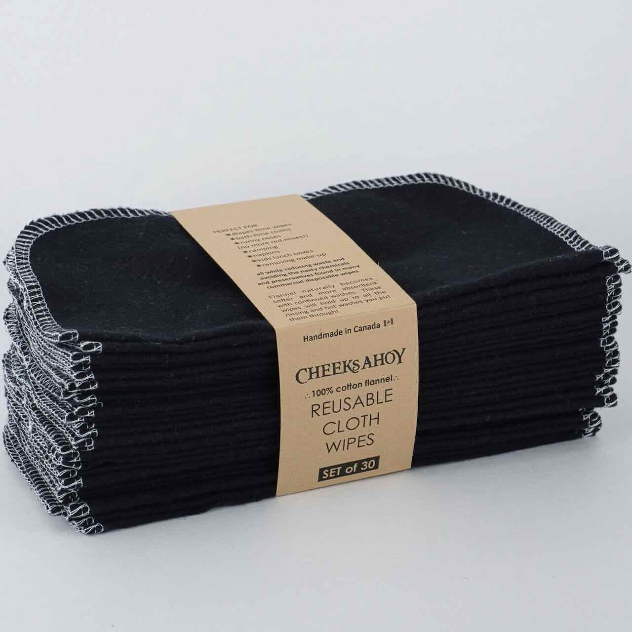 Dark coloured cheeks ahoy cloth wipes, set of 30 in its paper sleeve packaging, in a white background drop.