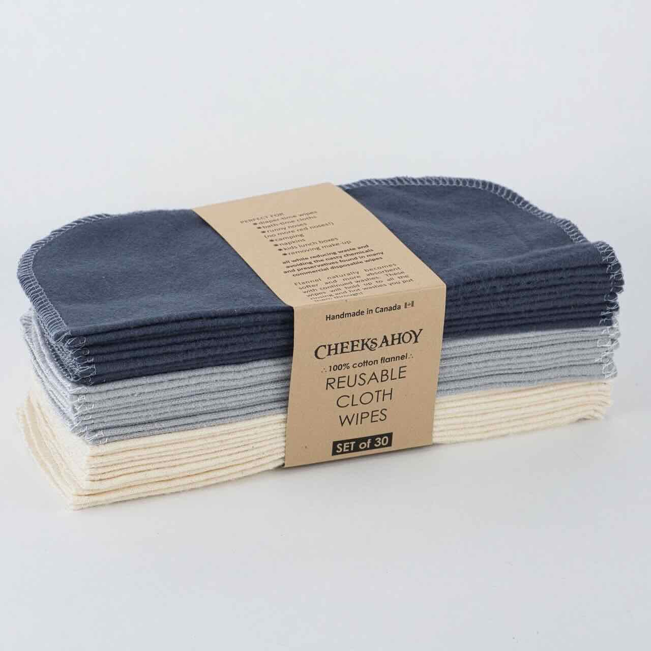 Warm charcoal patterned cheeks ahoy cloth wipes, set of 30 in its paper sleeve packaging, in a white background drop.