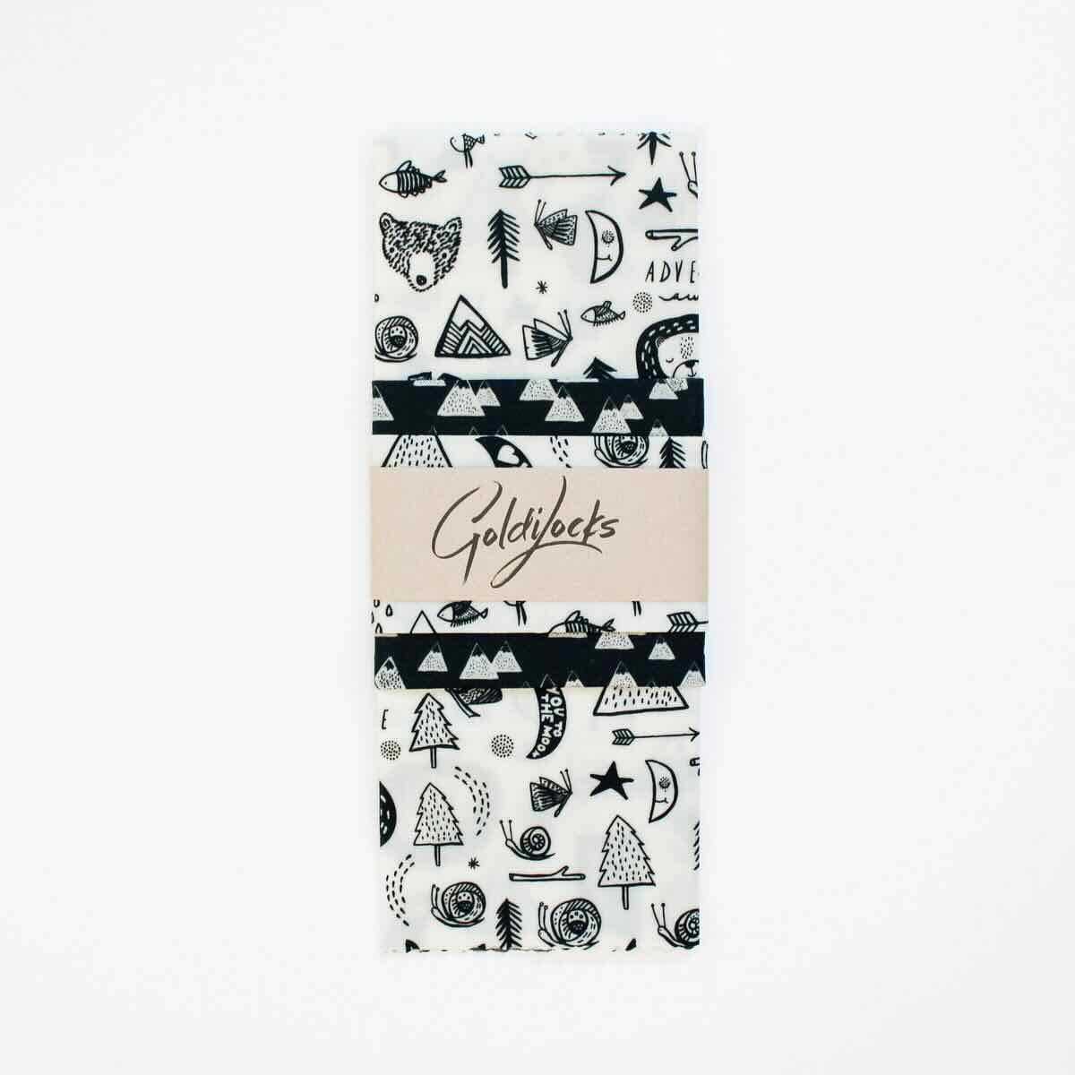 Goldilocks camping themed beeswax wrap in its package.