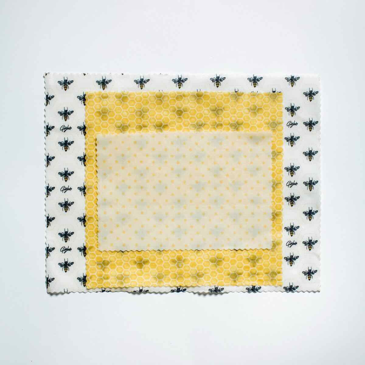goldilocks bees and honey comb themed beeswax wraps set of 3 flat lay