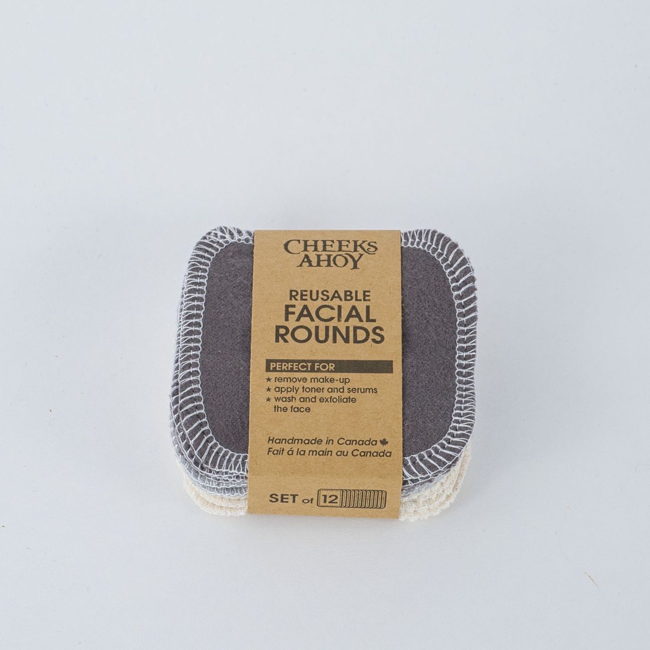 cheeks ahoy set of 12 reusable facial rounds warm neutrals charcoal in its packaging sleeve