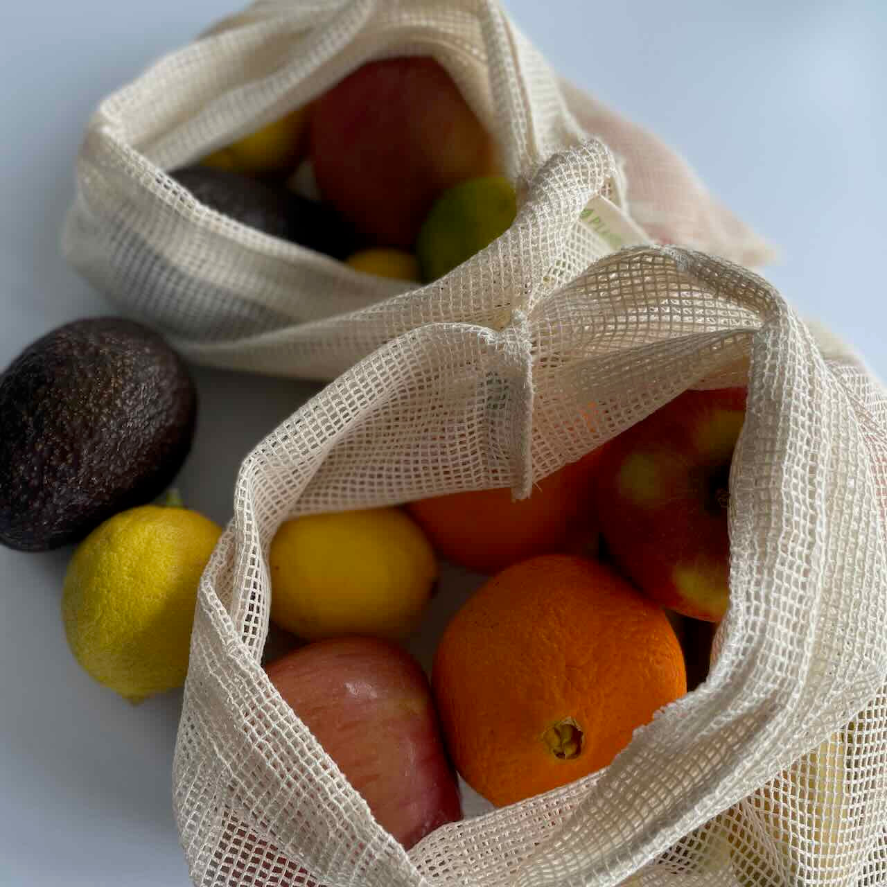 insides of mesh bags with fruits