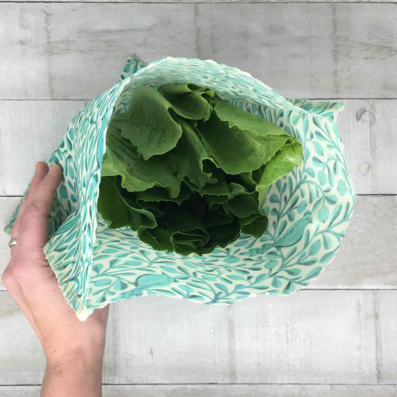large beeswax bag with lettuce open
